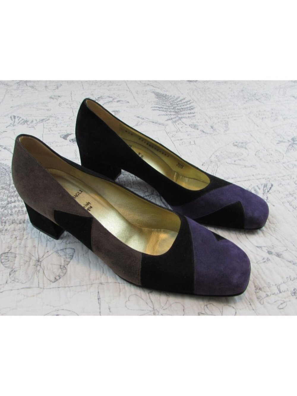 EUC Vntg Italy Bruno Magli Black Purple colorblock block heel pump shoes 10